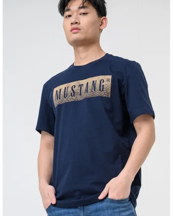 Tricou cu decolteu la baza gatului si imprimeu logo Austin, Albastru paun