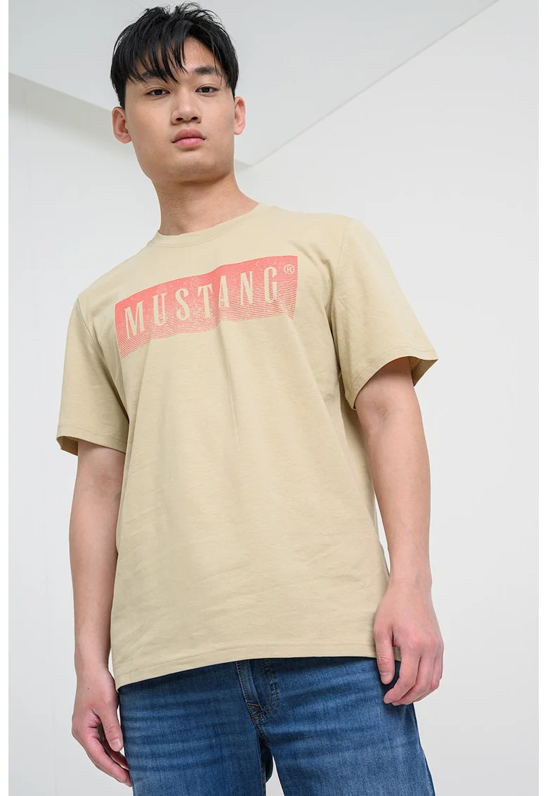 Tricou cu decolteu la baza gatului si imprimeu logo Austin, Bej inchis