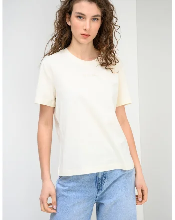 Tricou cu decolteu la baza gatului si logo Floris, Alb fildes