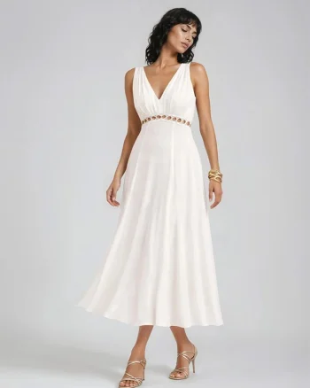 Rochie midi din vascoza cu decolteu in V Elio