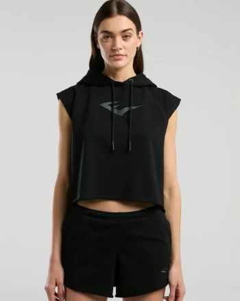 Tricou de dama tip hanorac, cu maneca scurta, gluga cu snur si imprimeu cu logo, Negru
