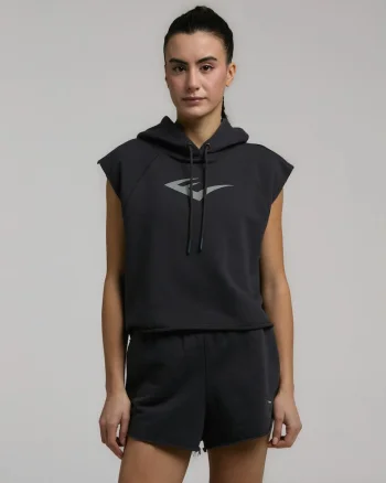 Tricou de dama tip hanorac, cu maneca scurta, gluga cu snur si imprimeu cu logo, Gri inchis