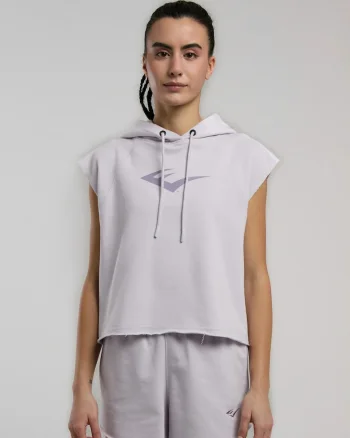Tricou de dama tip hanorac, cu maneca scurta, gluga cu snur si imprimeu cu logo, Lila
