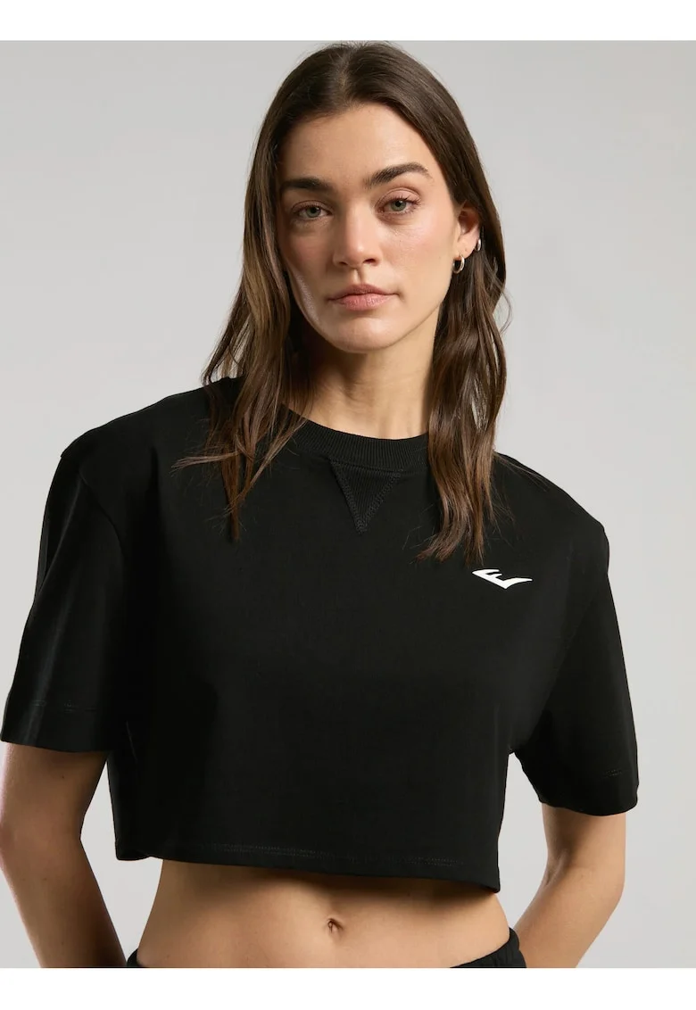 Tricou oversized scurt de dama si imprimeu cu logo pe spate, Negru