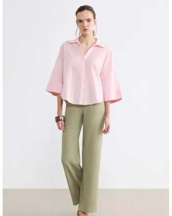Pantaloni texturati cu croiala ampla, Verde sparanghel
