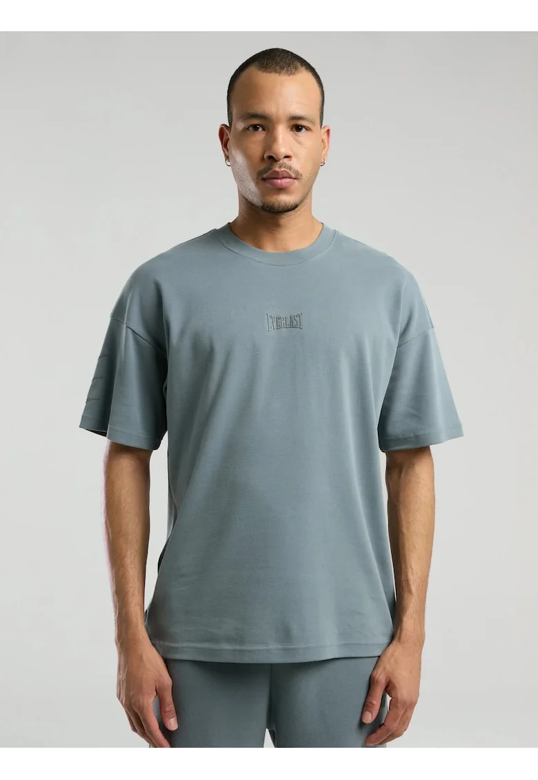 Tricou din amestec de bumbac cu decolteu la baza gatului si imprimeu cu logo, Gri, Gri