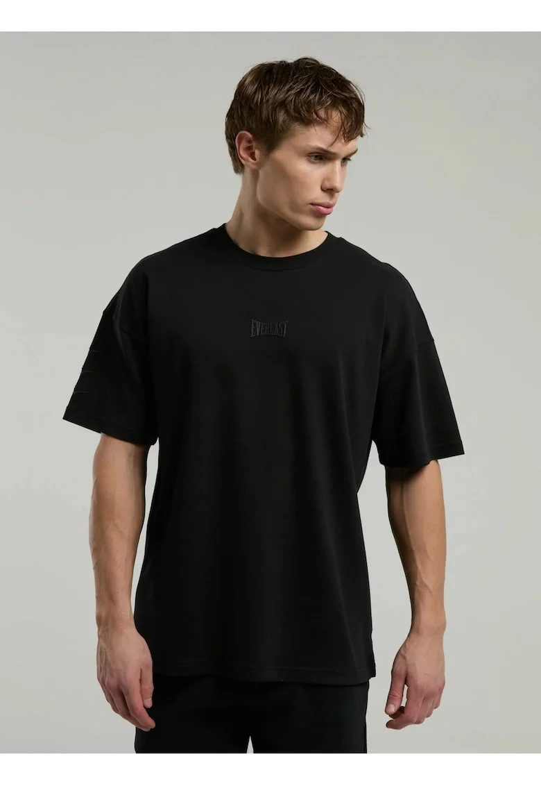 Tricou din amestec de bumbac cu decolteu la baza gatului si imprimeu cu logo, Negru, Negru