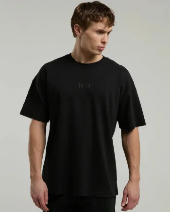 Tricou din amestec de bumbac cu decolteu la baza gatului si imprimeu cu logo, Negru, Negru