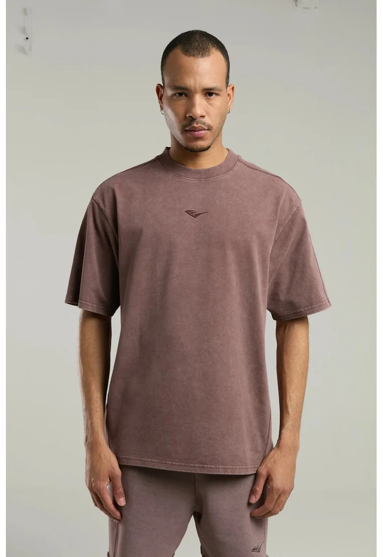 Tricou din amestec de bumbac cu decolteu la baza gatului si imprimeu cu logo, Maro, Maro