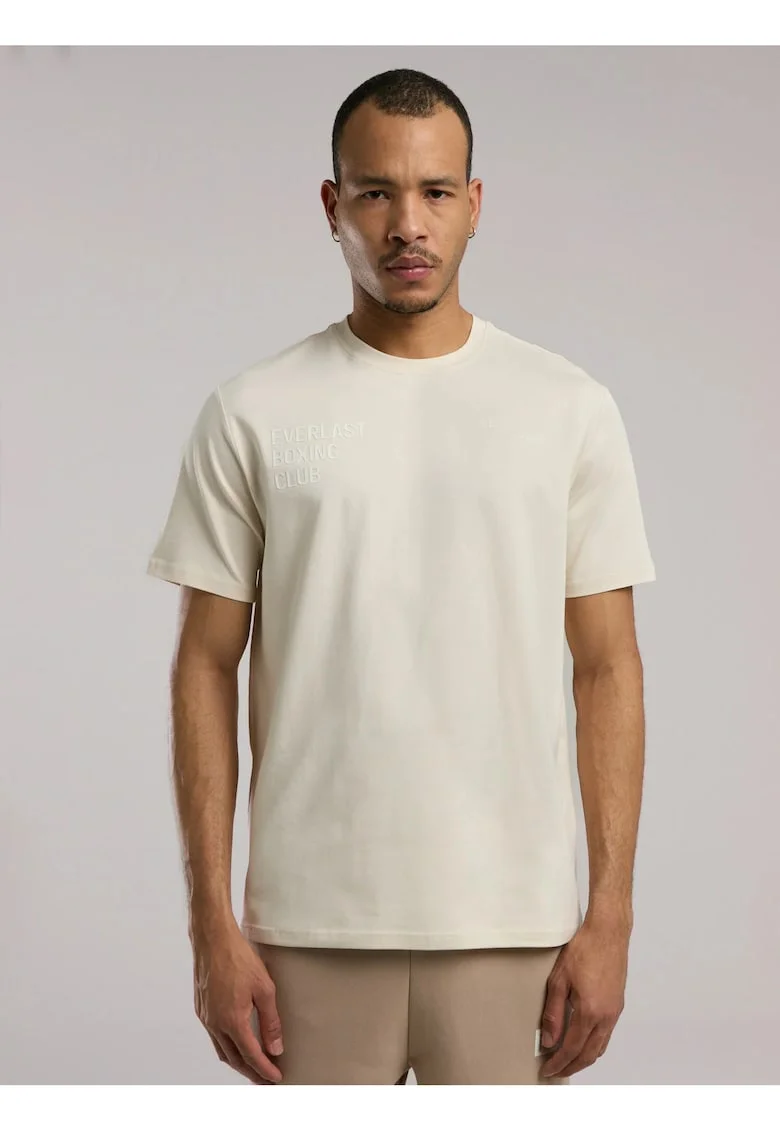 Tricou din amestec de bumbac cu decolteu la baza gatului si imprimeu cu logo, Bej, Bej