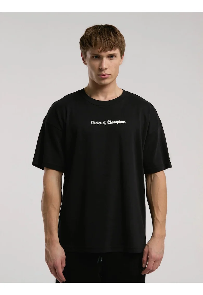 Tricou din amestec de bumbac cu decolteu la baza gatului si imprimeu cu logo, Negru, Negru