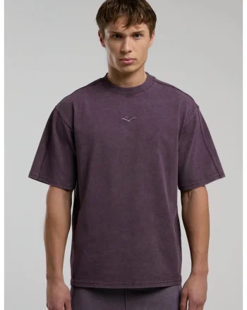 Tricou din amestec de bumbac cu decolteu la baza gatului si imprimeu cu logo, Mov inchis, Mov inchis