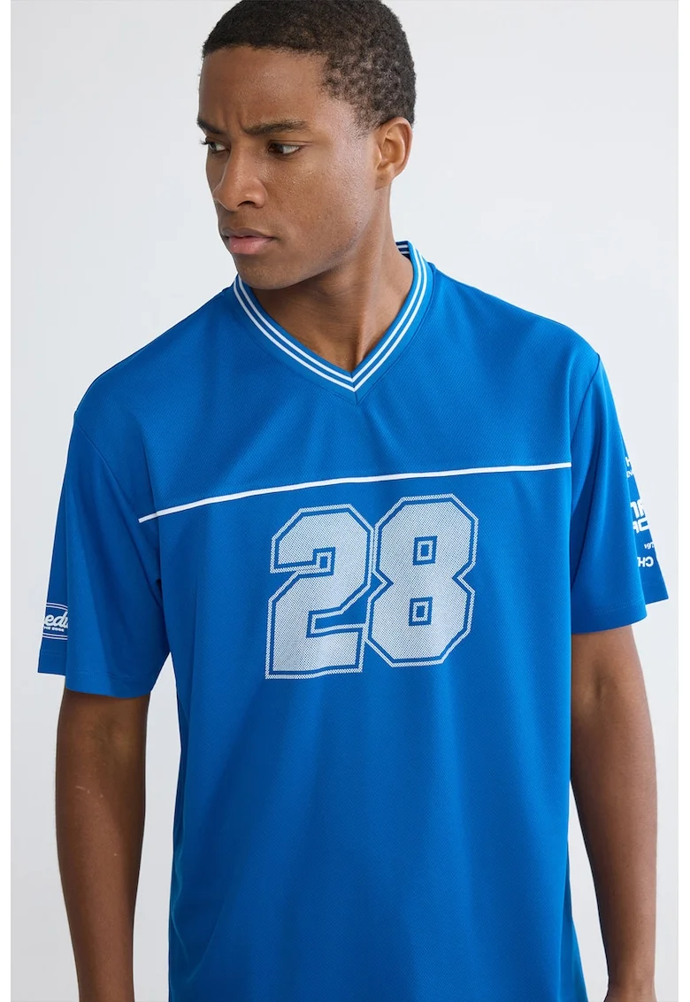 Tricou cu imprimeu si decolteu in V, Albastru royal/Albastru glaciar