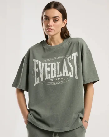 Tricou overisized de dama si imprimeu cu logo, Kaki