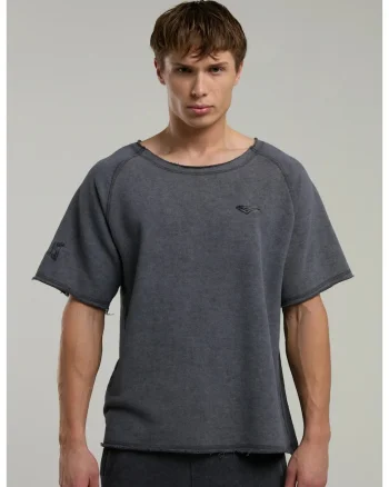 Tricou din amestec de bumbac cu decolteu la baza gatului si imprimeu cu logo, Gri inchis, Gri inchis