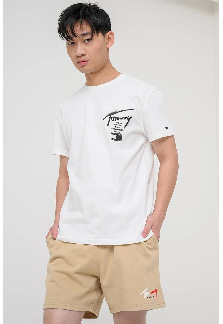 Tricou de bumbac cu decolteu la baza gatului, Alb fildes/Negru