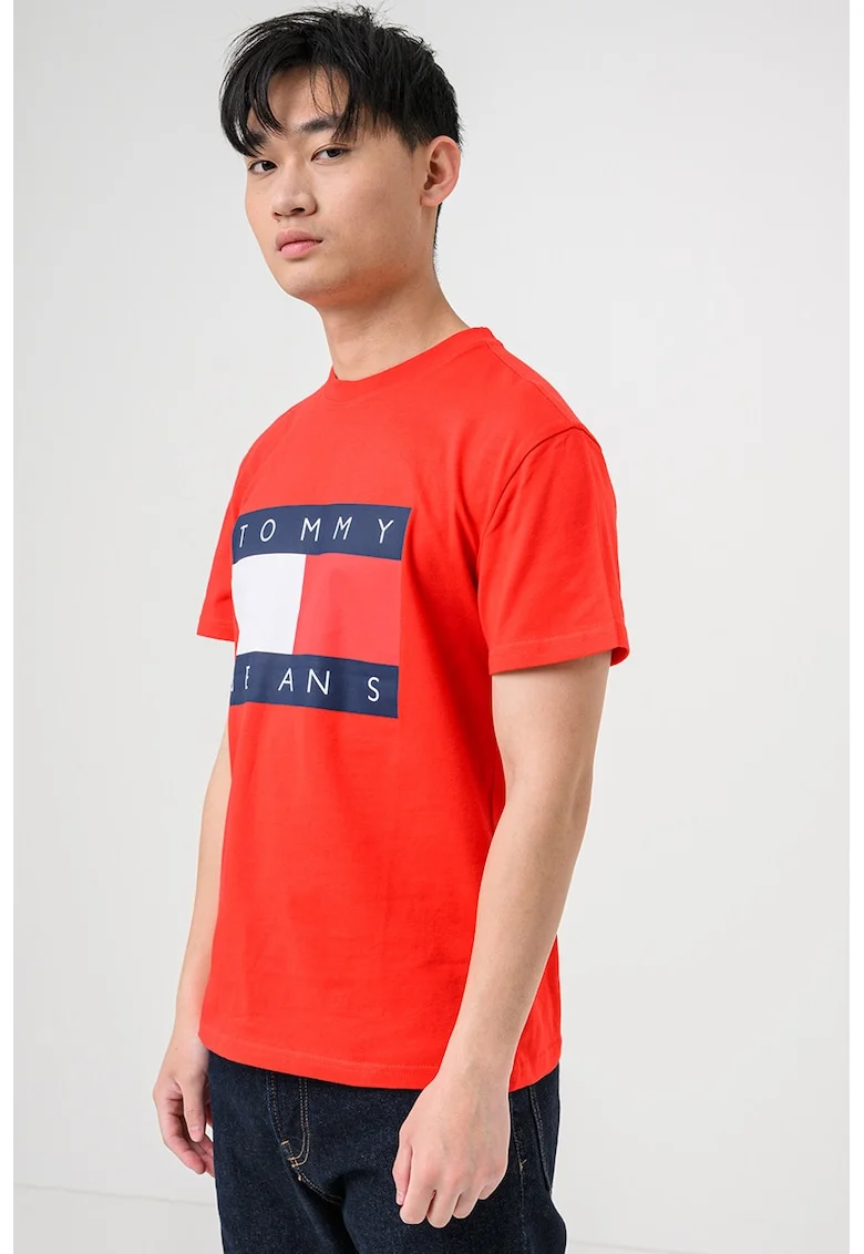 Tricou cu logo si decolteu la baza gatului, Rosu/Albastru ultramarin