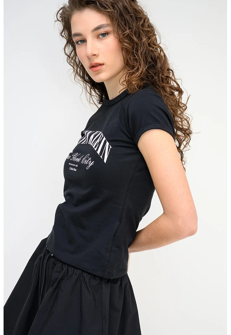 Tricou slim fit cu logo, Alb/Negru