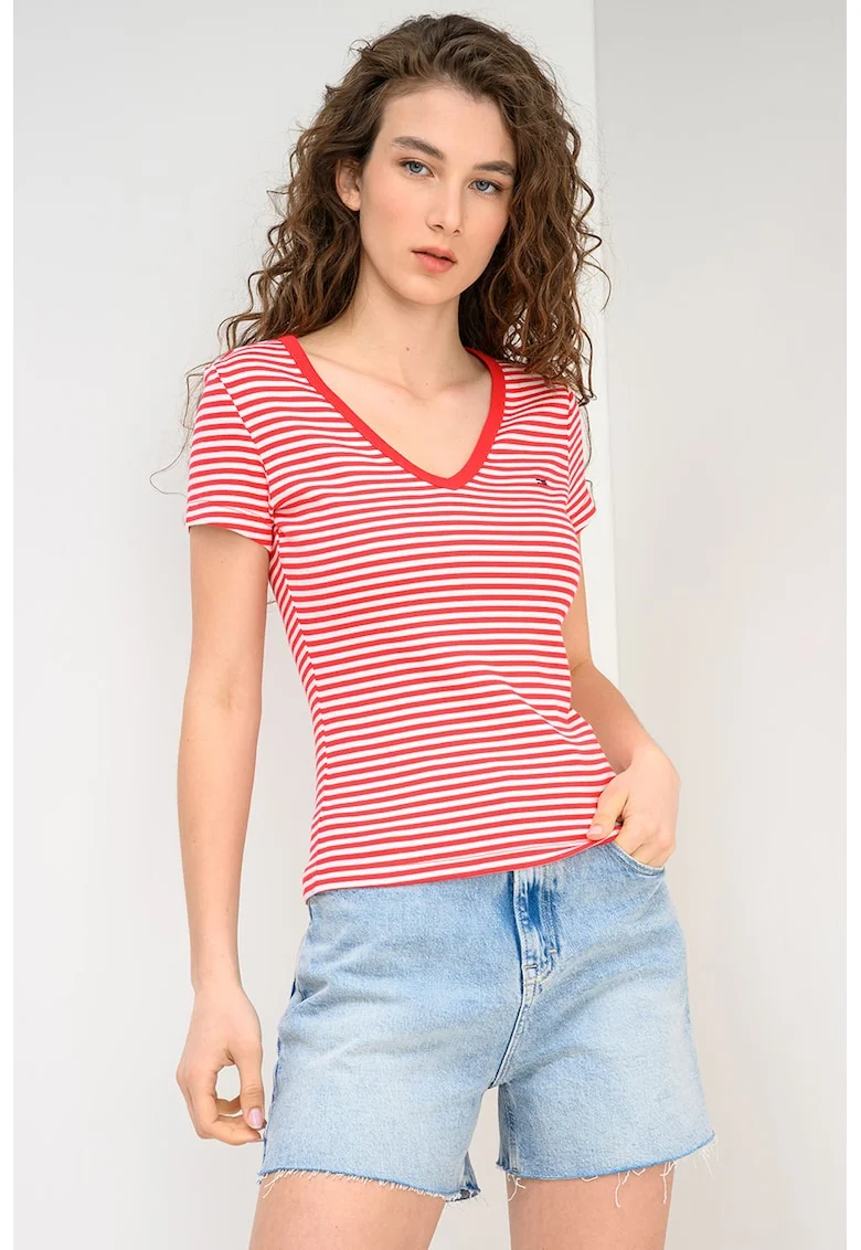 Tricou striat cu decolteu in V, Rosu/Alb