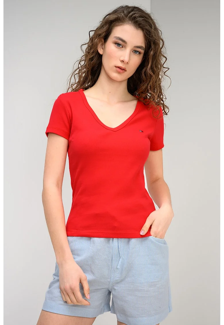 Tricou striat cu decolteu in V, Rosu vermillion