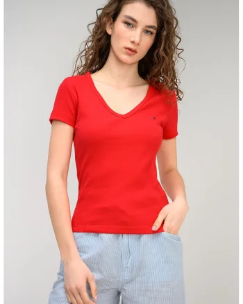 Tricou striat cu decolteu in V, Rosu vermillion