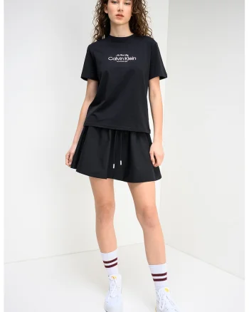 Tricou cu decolteu la baza gatului si imprimeu logo, Negru/Roz pal