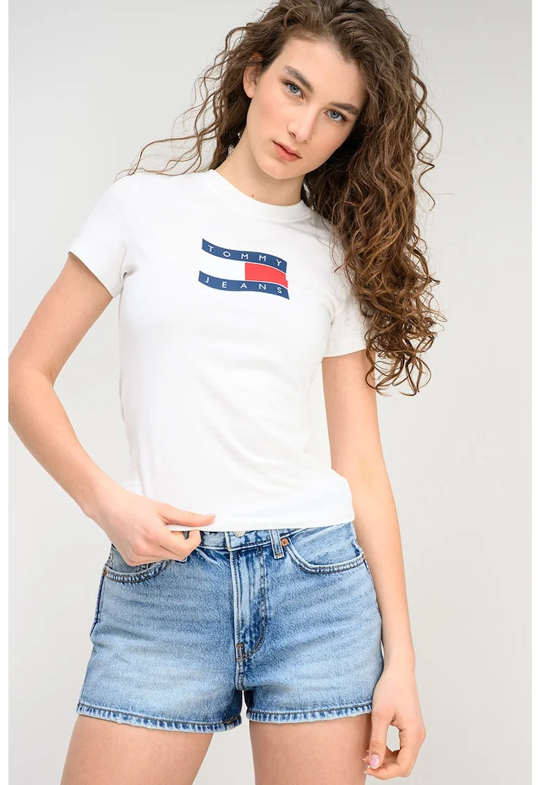 Tricou cu decolteu la baza gatului si logo, Alb/Bleumarin