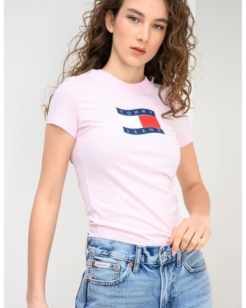 Tricou cu decolteu la baza gatului si logo, Roz pastel/Bleumarin