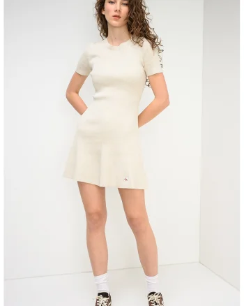 Rochie evazata cu maneci scurte, Bej