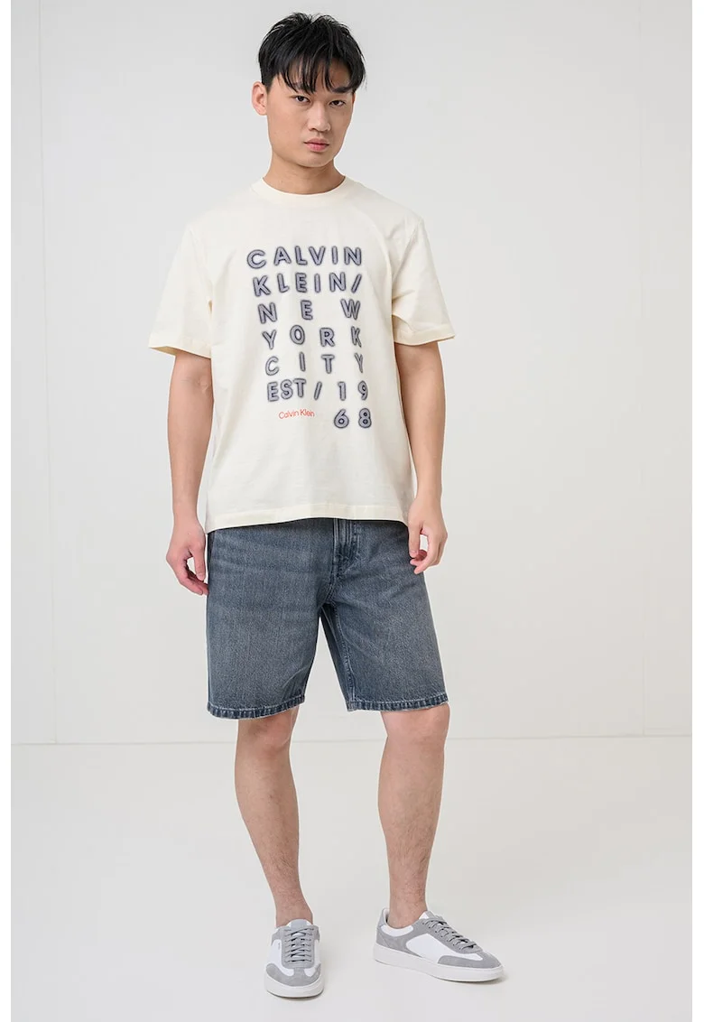 Tricou de bumbac cu imprimeu logo, Bej deschis/Bleumarin