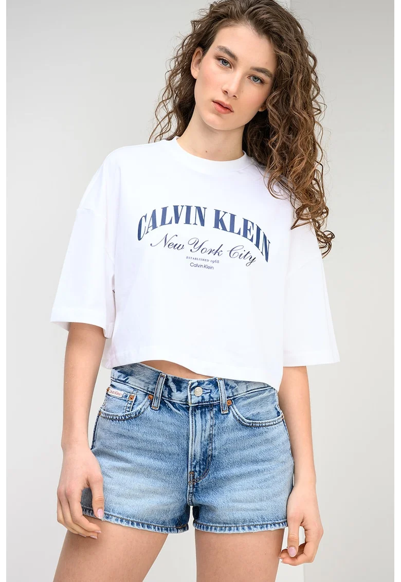 Tricou crop cu imprimeu logo, Albastru ultramarin/Alb optic