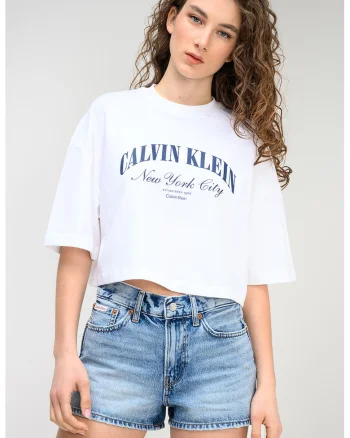 Tricou crop cu imprimeu logo, Albastru ultramarin/Alb optic
