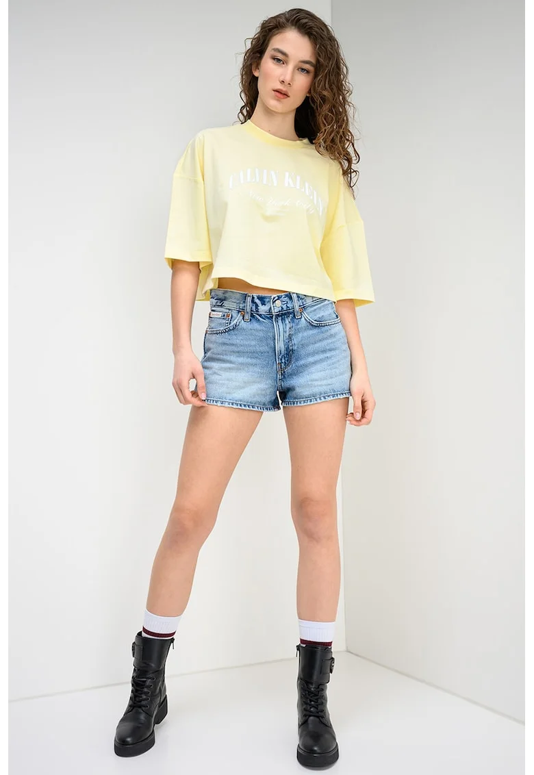Tricou crop cu imprimeu logo, Alb/Galben deschis