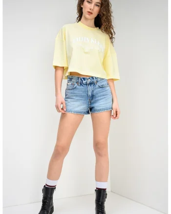 Tricou crop cu imprimeu logo, Alb/Galben deschis