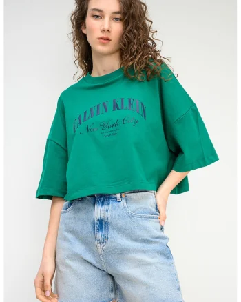 Tricou crop cu imprimeu logo, Verde/Albastru ultramarin