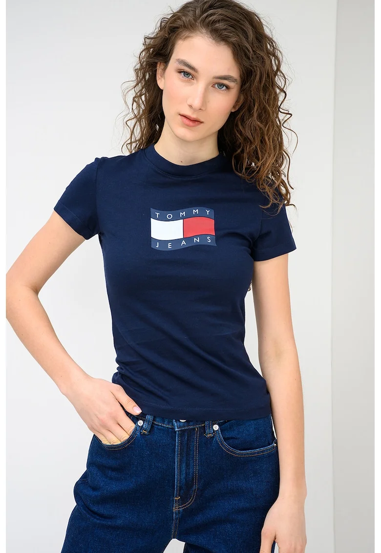 Tricou cu decolteu la baza gatului si logo, Alb/Albastru ultramarin