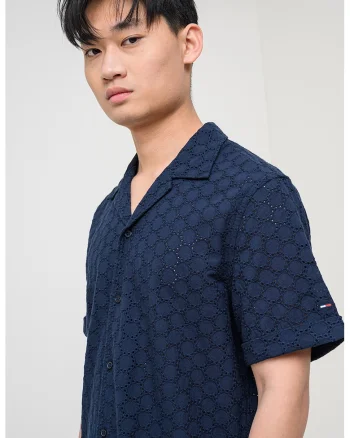 Camasa cu broderie engleza si maneci scurte, Bleumarin