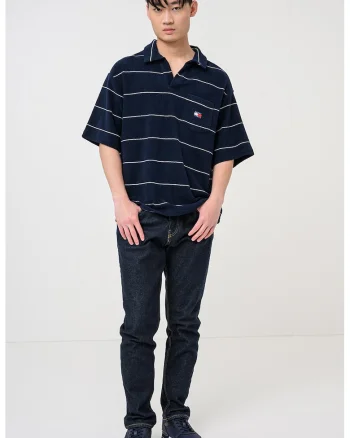 Tricou polo supradimensionat cu model in dungi, Bleumarin