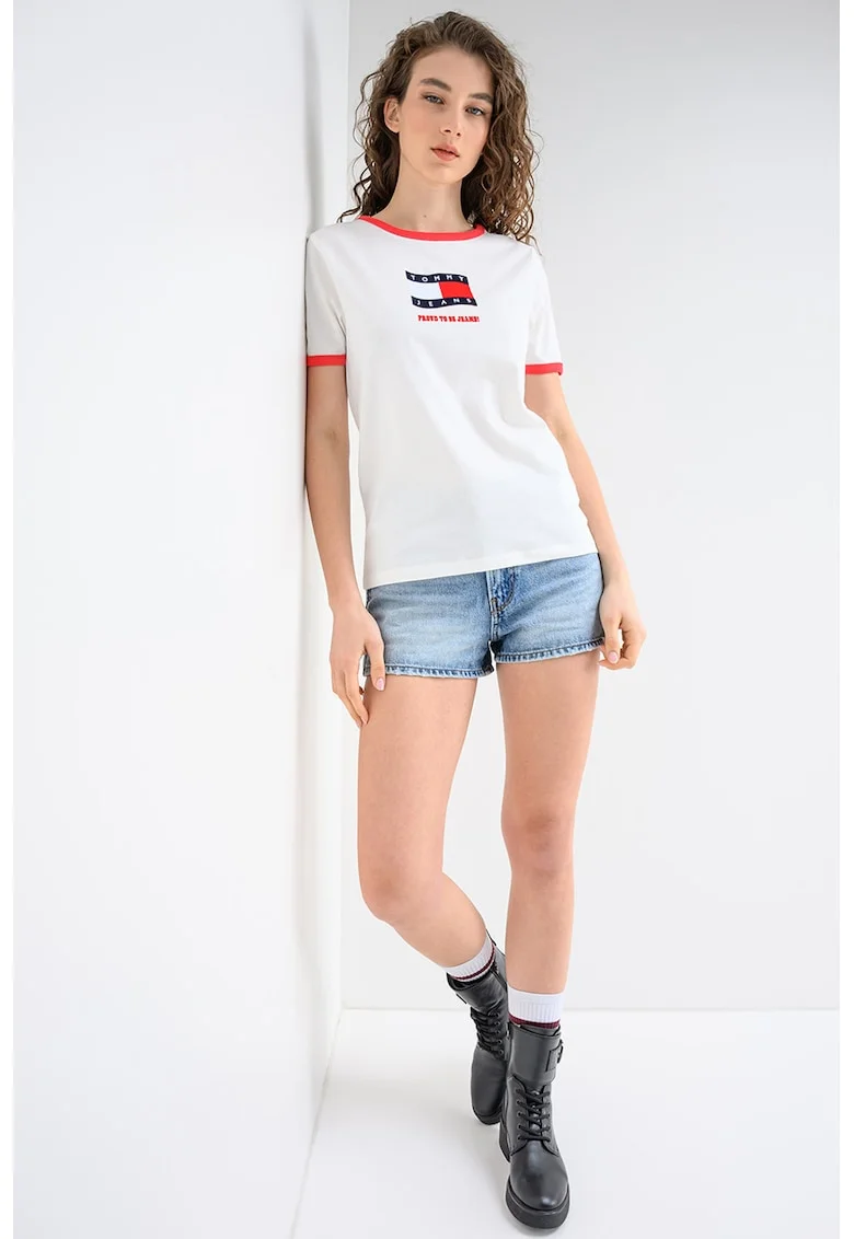 Tricou cu decolteu la baza gatului si imprimeu logo, Alb/Rosu neon