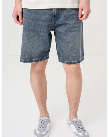 Bermude din denim cu talie medie, Albastru titan