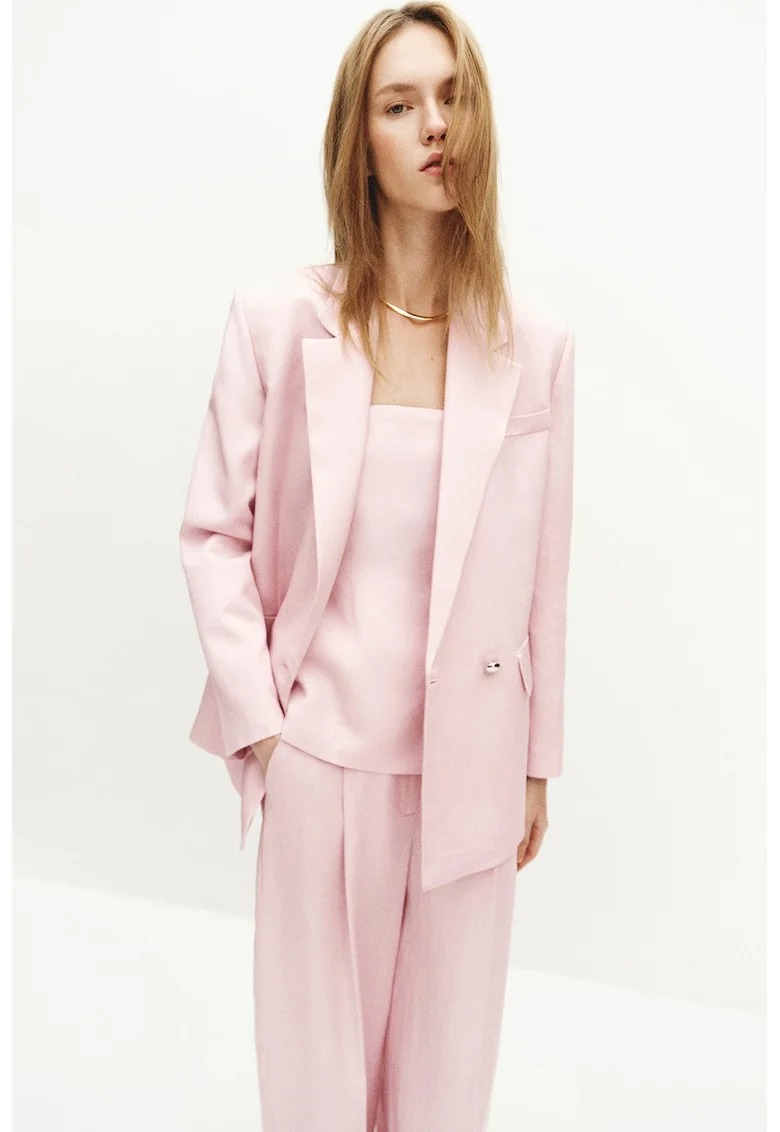 Sacou din amestec de in cu revere decupate, Roz pastel
