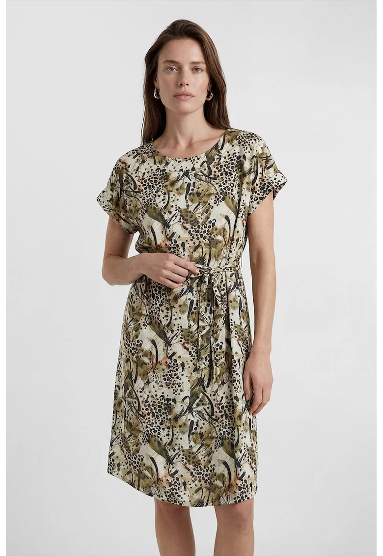 Rochie cu maneci scurte si imprimeu floral, Verde padure/Verde pal/Verde masliniu
