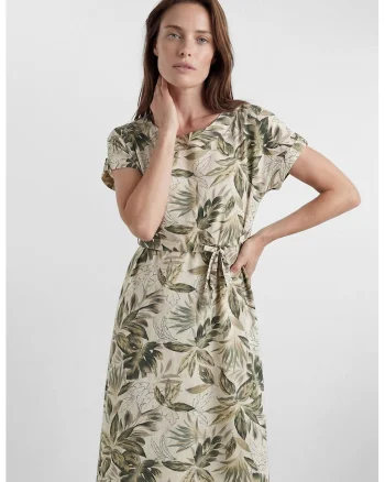 Rochie cu maneci scurte si imprimeu floral, Verde sparanghel/Verde feriga/Crem