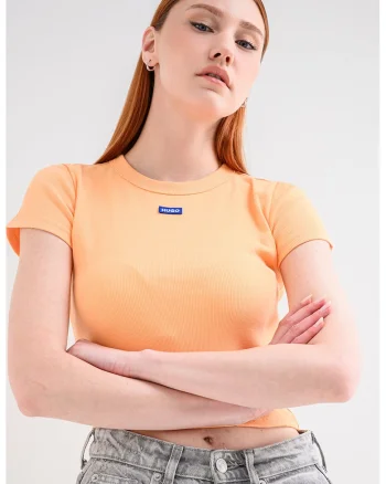 Tricou crop striat cu logo, Portocaliu