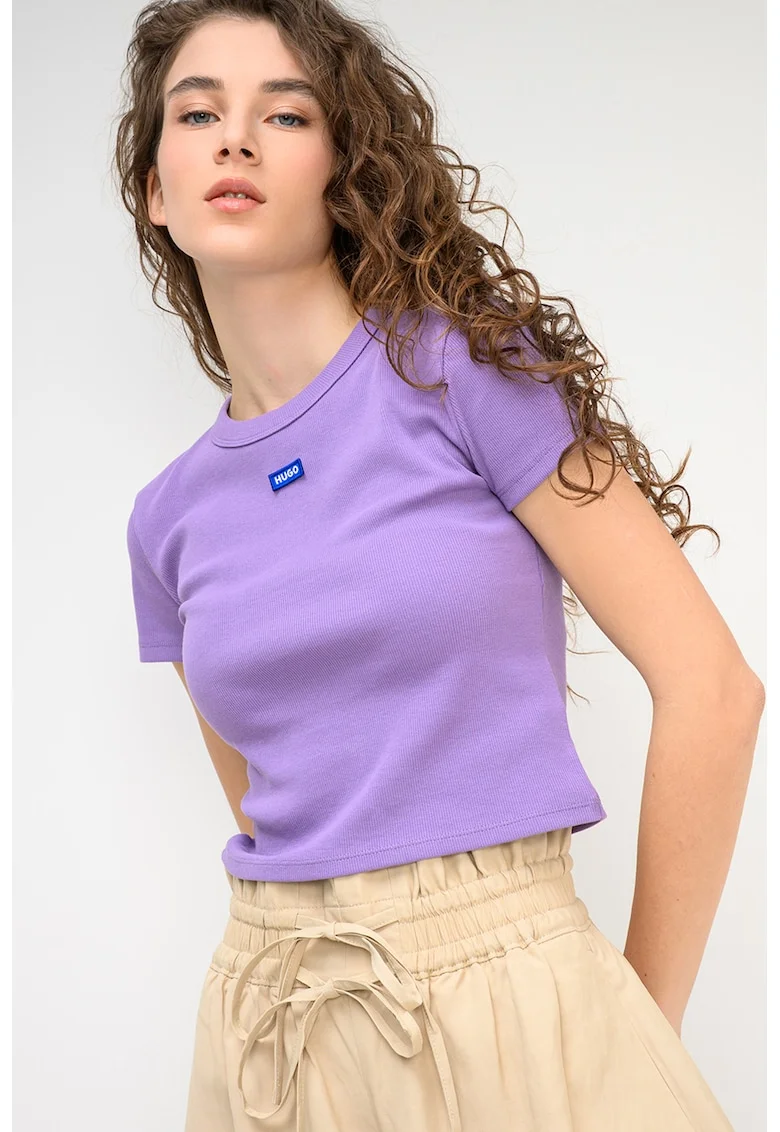 Tricou crop striat cu logo, Albastru/Liliac prafuit
