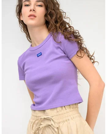 Tricou crop striat cu logo, Albastru/Liliac prafuit