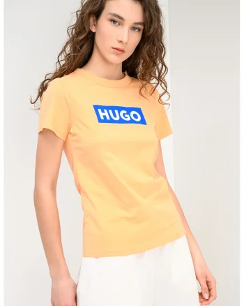 Tricou slim fit cu banda logo, Portocaliu/Albastru royal