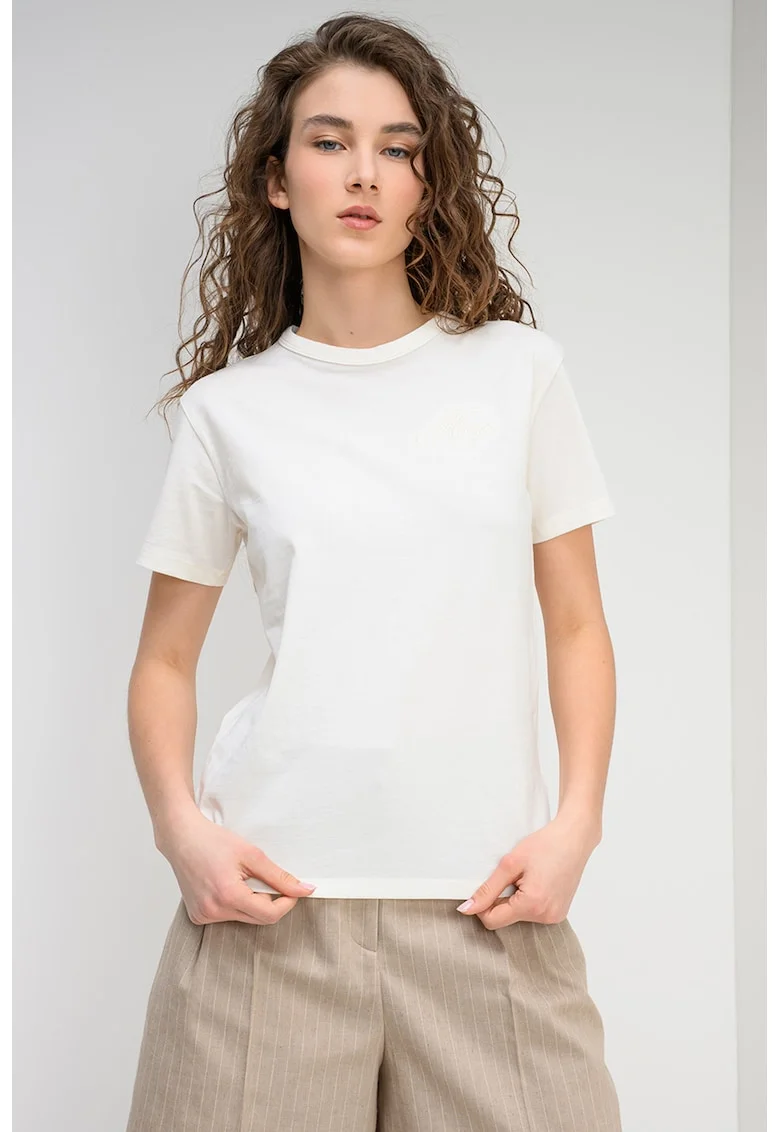 Tricou de bumbac cu logo mic brodat, Crem