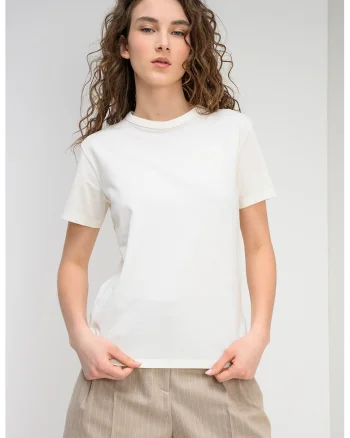 Tricou de bumbac cu logo mic brodat, Crem