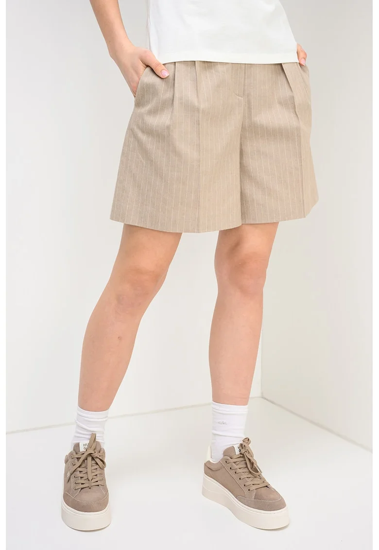 Pantaloni chino scurti din amestec de in cu model in dungi, Maro taupe deschis